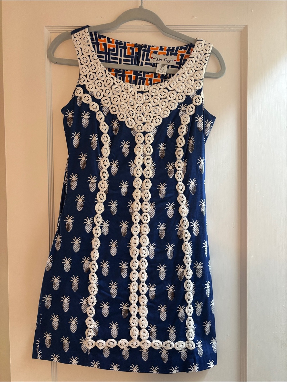 Sleeveless Navy Pineapple Print Dress with White Crochet Trim